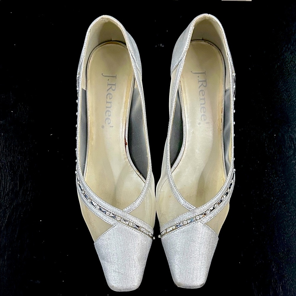 J.Renee Silver Heels with Mesh and Rhinestone Detail